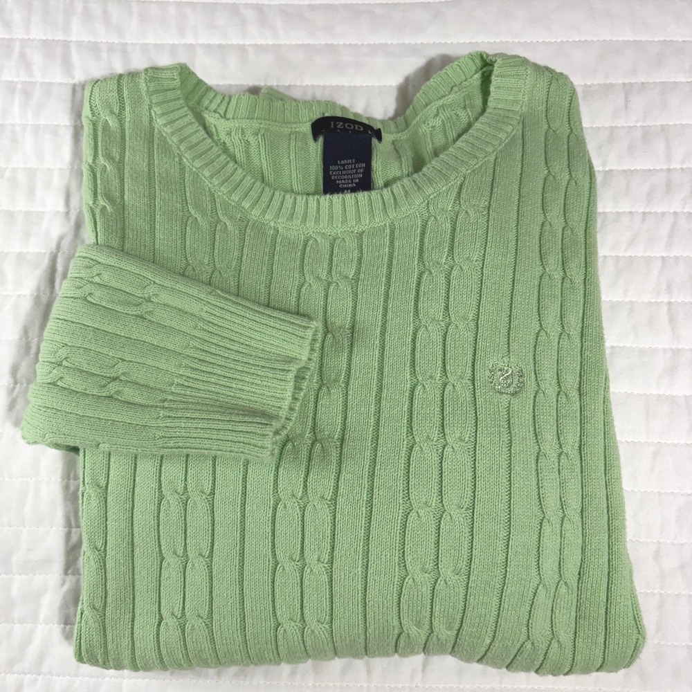 IZOD Lime Green Cable Knit Cotton Crew Neck Sweater Womens Medium